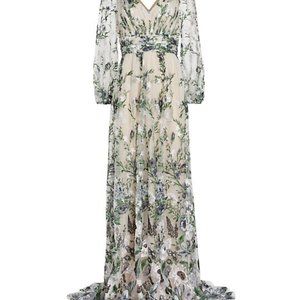 New Marchesa Notte Full Slit Sleeve Embroidered Tulle V-Neck Gown